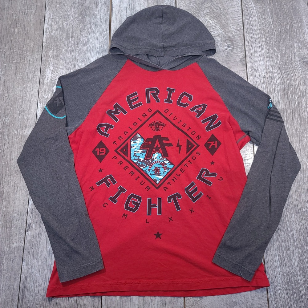American Fighter Hoodie Mens Large Red Grey Graphic Raglan Long Sleeve Shirt
